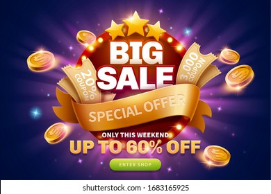 Big Sale Pop Up Ads With Coupons And Golden Coins Near The Round Marquee Light Board For Publicity, Glittering Purple Background