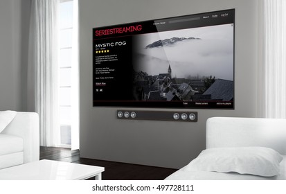 Big Screen Smart Tv At Living Room With Series Streaming App On Screen. 3d Rendering.