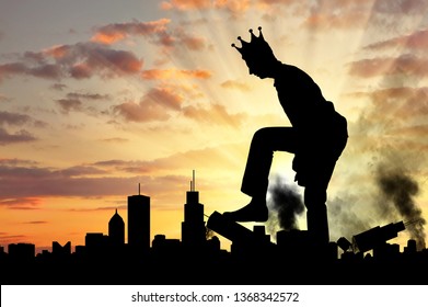 Big selfish man with a crown destroys the city on his way. Big Ego Concept