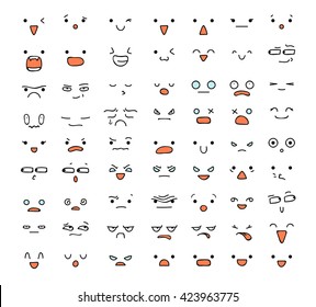 Emotional Cute Faces Kawaii Style Happy Stock Vector (Royalty Free ...