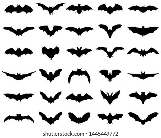 Big set of black silhouettes of bats