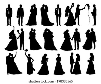 big set of black silhouettes of bride and groom together and alone in different postures
