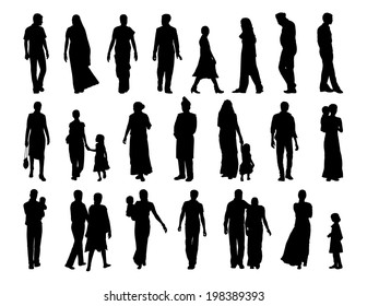 big set of black silhouettes of indian men, women and children standing and walking