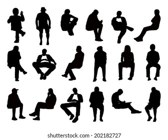 big set of black silhouettes of men of different ages seated in different postures reading, speaking, writing, talking on the phone or just watching, front and profile views