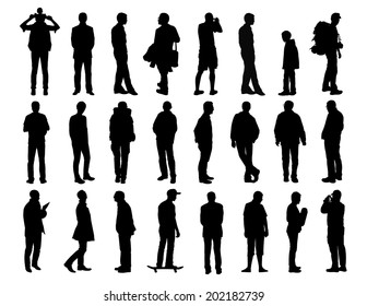 big set of black silhouettes of men of different ages standing in different postures, face, profile and back views