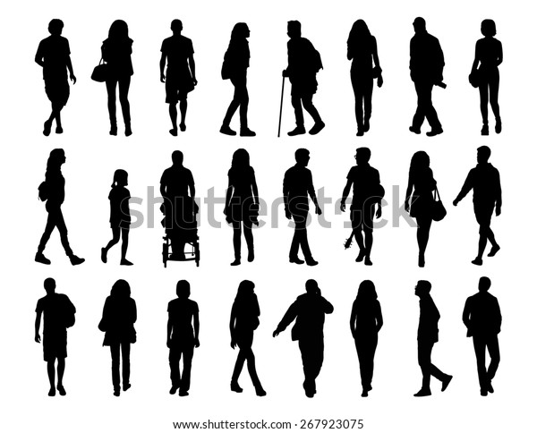 通り 正面 横顔 背景に 年齢の違う男女が歩く黒いシルエットの大きなセット のイラスト素材