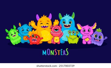 Big set of cartoon monsters on dark background. Cute monsters. Kids funny character design for posters, cards., magazins. - Powered by Shutterstock