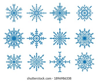 Big set of cartoon snowflakes. Snowflakes of all shapes and forms. Snowflake design for the winter. Winter elements of blue Christmas cold flakes crystal