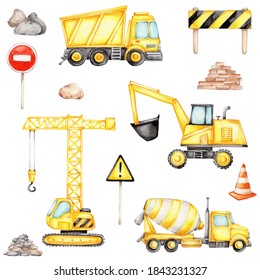 Big set with construction vehicles and road signs; watercolor hand drawn illustration; can be used for kid posters; with white isolated background