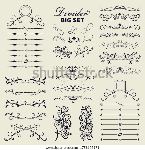 Big set of decorative flourishes hand drawn\
dividers. Victorian Collection ornate page decor elements banners,\
frames, dividers, ornaments and patterns. Calligraphy swirl design\
elements. Jpeg
