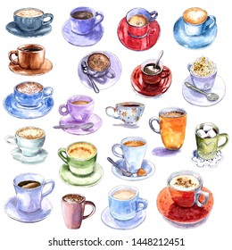 Big Set Of Different Coffee Cups, Hand Drawn Watercolor Illustration. Cappucino, Latte Machiato, Cocoa, Espresso, Hot Chocolate. Can Be Used For Menu Design.