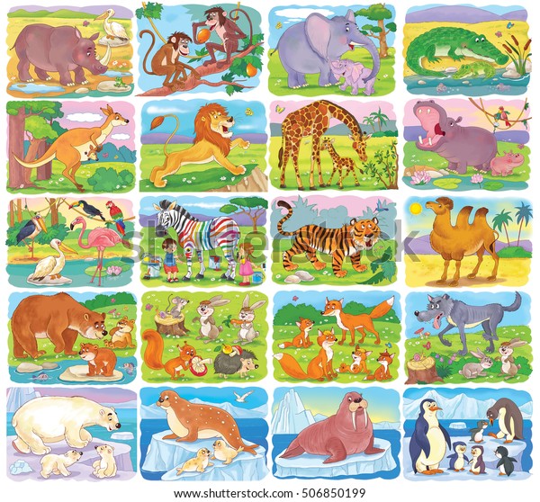 様々な野生動物の大きなセット アフリカ 北極 森の可愛い動物のコレクション 子ども向けのイラスト 塗り絵 カラーリングページ おかしな漫画のキャラクター のイラスト素材