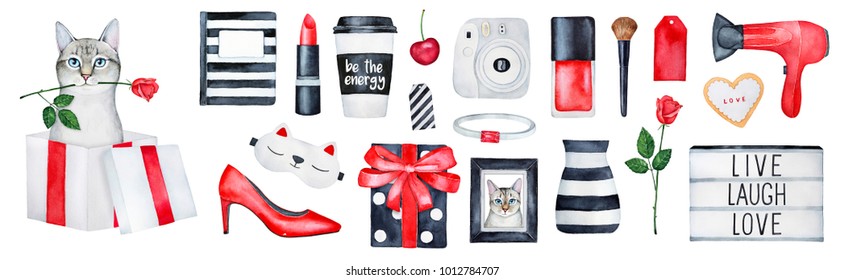 Big set of "gift for her". Various elements for birthday card, holiday event, symbols and ideas guide. Modern devices, cosmetics, clothing, girlish things. Black and white stripes. Hand drawn art. - Powered by Shutterstock