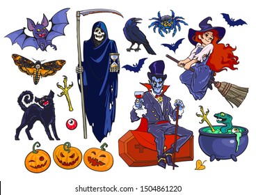 Big set Halloween cartoon characters  objects Grim Reaper skeleton  Count Dracula vampire  little witch  bat  crow  black cat  pumpkins  spider  cauldron  Hand drawn illustration isolated white 