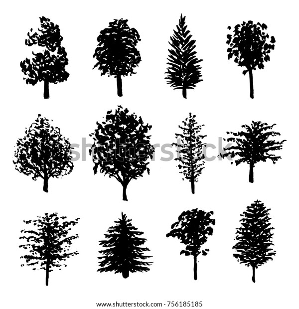 Big set of hand drawn forest trees silhouettes illustration in black
