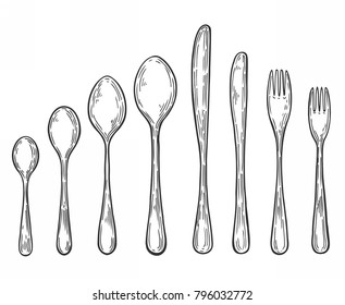 Big Set Of Hand Drawn Fork, Spoon, Knife Illustration, Drawing, Engraving, Ink, Line Art, 