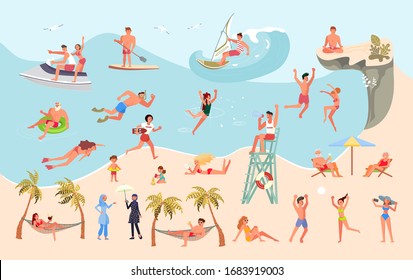 Big set of people on the beach. Tourists swim, sunbathe, engage in watersports, jump from a cliff and have relax at seaside. Flat Art Rastered Copy - Powered by Shutterstock