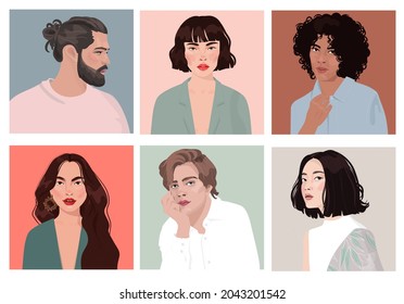 Big Set of portraits of women and men of different gender and age. Diversity.  flat illustration. Avatar for a social network.  - Powered by Shutterstock