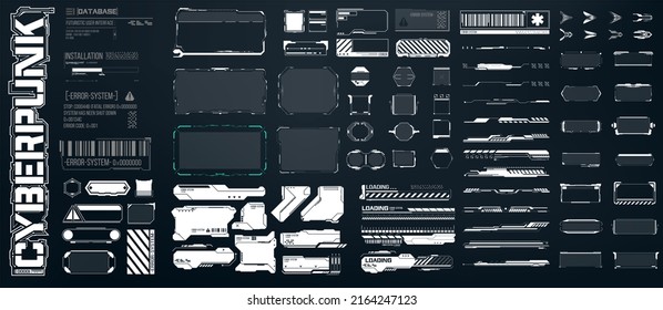 Big set of Sci Fi modern user interface elements. futuristic abstract HUD  frame screen, button, loading, text isolated on black background. GUI elements for game. Data information infographic.  