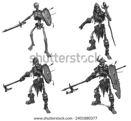 Big set Skeleton halberd warrior and shield sketch illustration isolate black white.