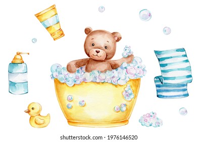 Big set with teddy bear in yellow bath, bubble blower, yellow duck, foam and bath towel; watercolor hand drawn illustration; can be used for baby shower or cards; with white isolated background