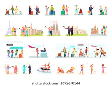 Big set of travelers. Different age and nationality people at airport, railway station, beach and sight place. Making a selfie, sunbathing, waiting for plane departure. Flat Art Rastered Copy - Powered by Shutterstock