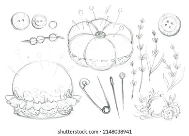 Big set of vintage graphite pencil sketches: vintage needle bed with pins, buttons and beads, lavender. Freehand pencil drawing on white. Can be used in scrapbooking and wrapping paper