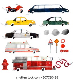 Big set of watercolor cars. Beautiful cartoon cars isolated on white background. Hand drawn watercolor cars for your design. 
