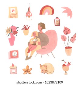 A big set of watercolor elements on the theme of home comfort.Mother and daughter have a relaxing holiday in an armchair.A teacher with a child in boho style in pink and cream colours. - Powered by Shutterstock