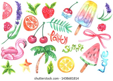 Big set of watercolor elements with summer bright designs, fruits, icecream, flamingo etc. Elements drawn by hand for your summer themed design - Powered by Shutterstock