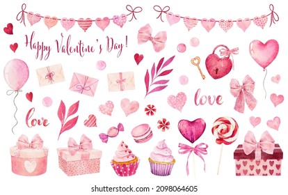 Big set of watercolor elements for Valentine's day isolated on white background. 14 february. Hearts, sweets, garlands, balloons, gift boxes and other items. Hand painted watercolor illustration. - Powered by Shutterstock