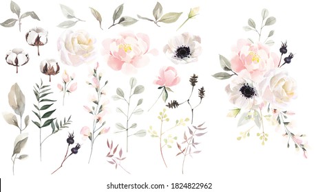 Big Set Of Watercolor Green Leaves, Herbs, Branches, Wildflowers And Berries. Botanical Clipart. Floral Design Elements. 