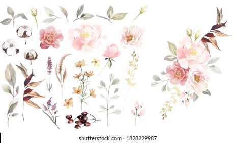 Big Set Of Watercolor Green Leaves, Herbs, Branches, Wildflowers And Berries. Botanical Clipart. Floral Design Elements.