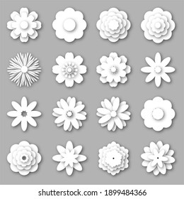 Big Set Of White Paper Flowers. Paper Cut Style. 3d Origami Abstract Flower Icons. Can Be Used As Element Your Design.  Illustration