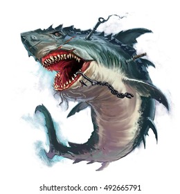 Big Shark Mouth Monster Illustration. Big Shark Monster Attack From The Depths.