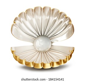 Big Shell With Pearl On A White Background