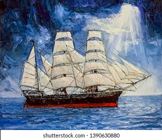 A Big Ship With Open Sails During A Storm In The Ocean. The First Rays Of The Sunlight Breaks Through The Dark Blue Sky. Oil Painting On Canvas.