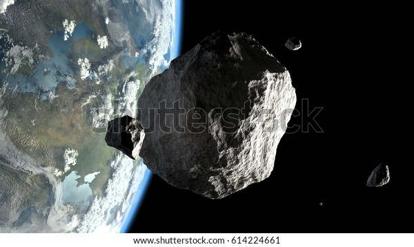big\
and small asteroids on Earth orbit 3d\
illustration