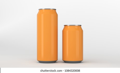 Big And Small Orange Aluminum Soda Cans Mockup On White Background. Tin Package Of Beer Or Drink. 3D Rendering Illustration