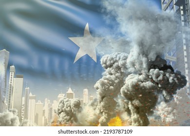 Big Smoke Column With Fire In Abstract City - Concept Of Industrial Catastrophe Or Act Of Terror On Somalia Flag Background, Industrial 3D Illustration