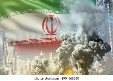 Big Smoke Pillar With Fire In Abstract City - Concept Of Industrial Blast Or Act Of Terror On Iran Flag Background, Industrial 3D Illustration