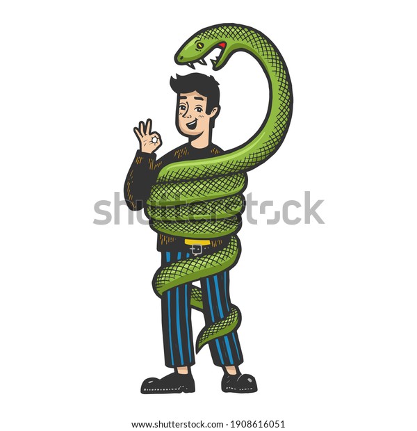 Big snake is trying to strangle and eat an\
optimistic person color sketch engraving raster illustration.\
T-shirt apparel print design. Scratch board style imitation. Black\
and white hand drawn\
image.