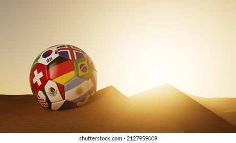 Big Soccer Ball With Many Country Flags For The World Cup In The Desert Of Qatar (3d Rendering)