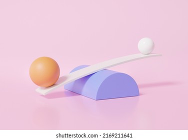 Big Spheres And Small On Imbalance Scales Concept On Pink Background Compare Price Idea, Finance Business Investment Education. 3d Render Illustration