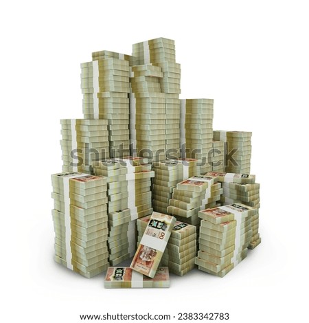 Big stacks of Jamaican dollar notes. A lot of money isolated on white background. 3d rendering of bundles of arranged cash