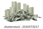 Big stacks of US dollar notes. A lot of money isolated on transparent background. dollars, usd, usa, heap of money, 3d rendering of bundles of cash	