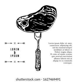 Big Steak And Fork Poster Template 
Hand Drawn Meat And Antique Cutlery Raster Illustration. Vintage Contrast Sketch For Barbeque Or Food Card Ormenu.