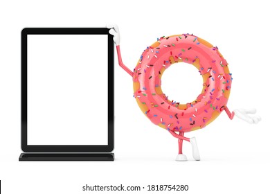 Big Strawberry Pink Glazed Donut Character Mascot with Blank Trade Show LCD Screen Stand as Template for Your Design on a white background. 3d Rendering - Powered by Shutterstock