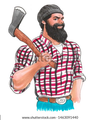 Big strong bearded Canadian lumberjack with ax. Ink and watercolor illustration