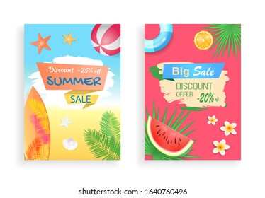 Big summer sale, discount offer raster curved ribbon. Watermelon and orange piece, inflatable ring, palm leaf, surfboard and ball, flower and starfish - Powered by Shutterstock